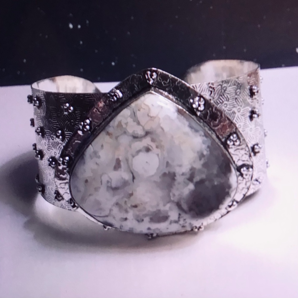 Dendritic Opal Stamped 925 Sterling Silver Cuff Bracelet
